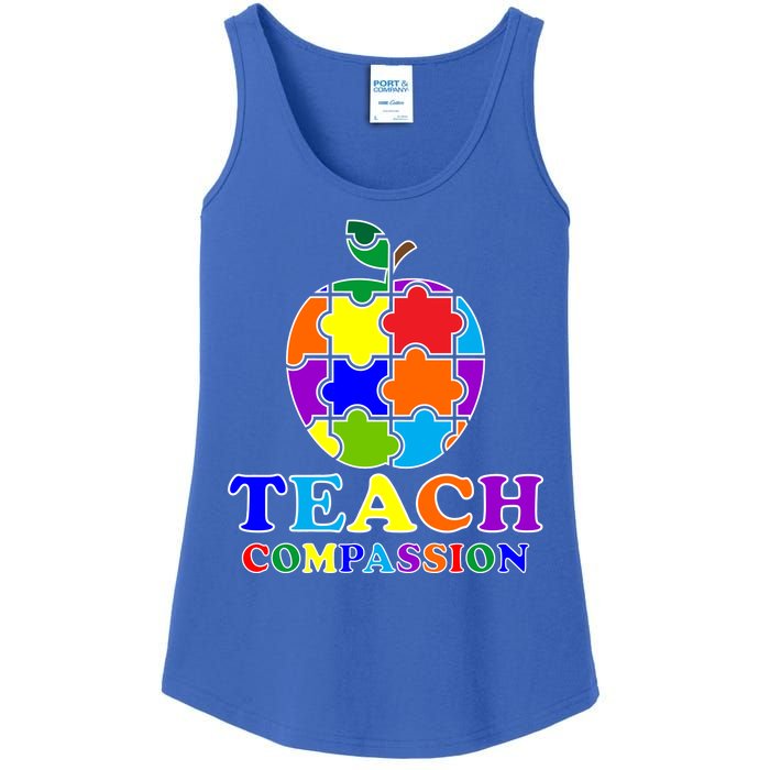 Teach Compassion Autism Awareness Teacher Apple Puzzle Ladies Essential Tank