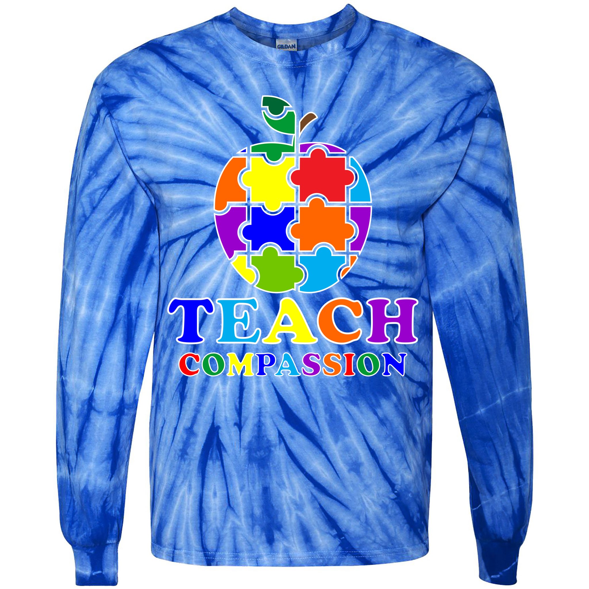 Teach Compassion Autism Awareness Teacher Apple Puzzle Tie-Dye Long Sleeve Shirt