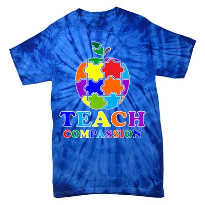 Teach Compassion Autism Awareness Teacher Apple Puzzle Tie-Dye T-Shirt