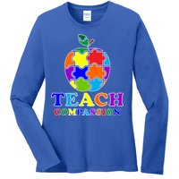 Teach Compassion Autism Awareness Teacher Apple Puzzle Ladies Long Sleeve Shirt