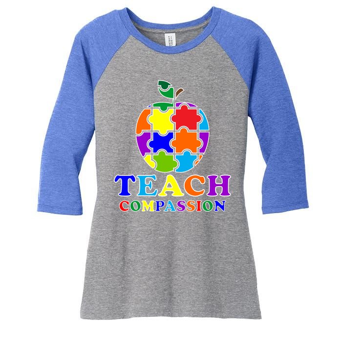 Teach Compassion Autism Awareness Teacher Apple Puzzle Women's Tri-Blend 3/4-Sleeve Raglan Shirt