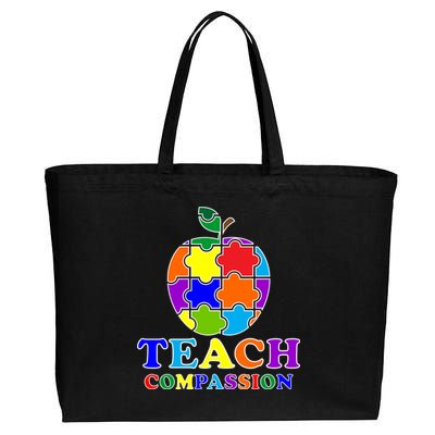 Teach Compassion Autism Awareness Teacher Apple Puzzle Cotton Canvas Jumbo Tote