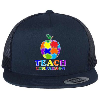 Teach Compassion Autism Awareness Teacher Apple Puzzle Flat Bill Trucker Hat