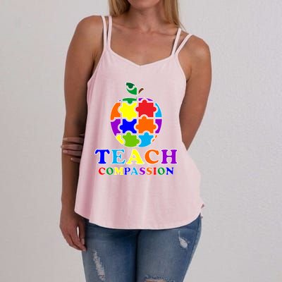 Teach Compassion Autism Awareness Teacher Apple Puzzle Women's Strappy Tank