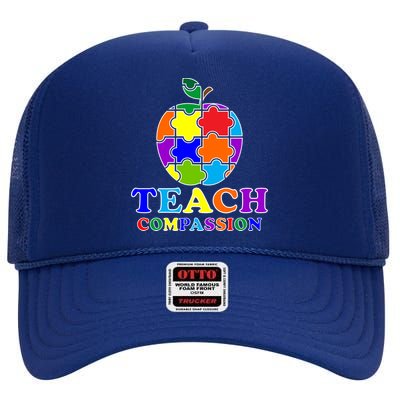 Teach Compassion Autism Awareness Teacher Apple Puzzle High Crown Mesh Back Trucker Hat