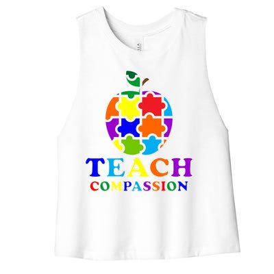 Teach Compassion Autism Awareness Teacher Apple Puzzle Women's Racerback Cropped Tank