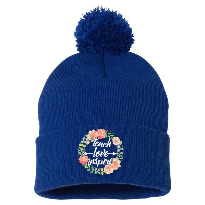 Teach Love Inspire Flower Wreath Pom Pom 12in Knit Beanie