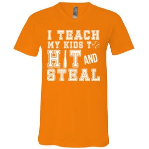 Teach My Kids To Hit And Steal Baseball V-Neck T-Shirt