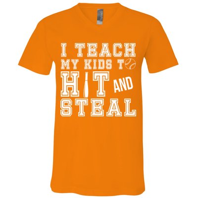 Teach My Kids To Hit And Steal Baseball V-Neck T-Shirt