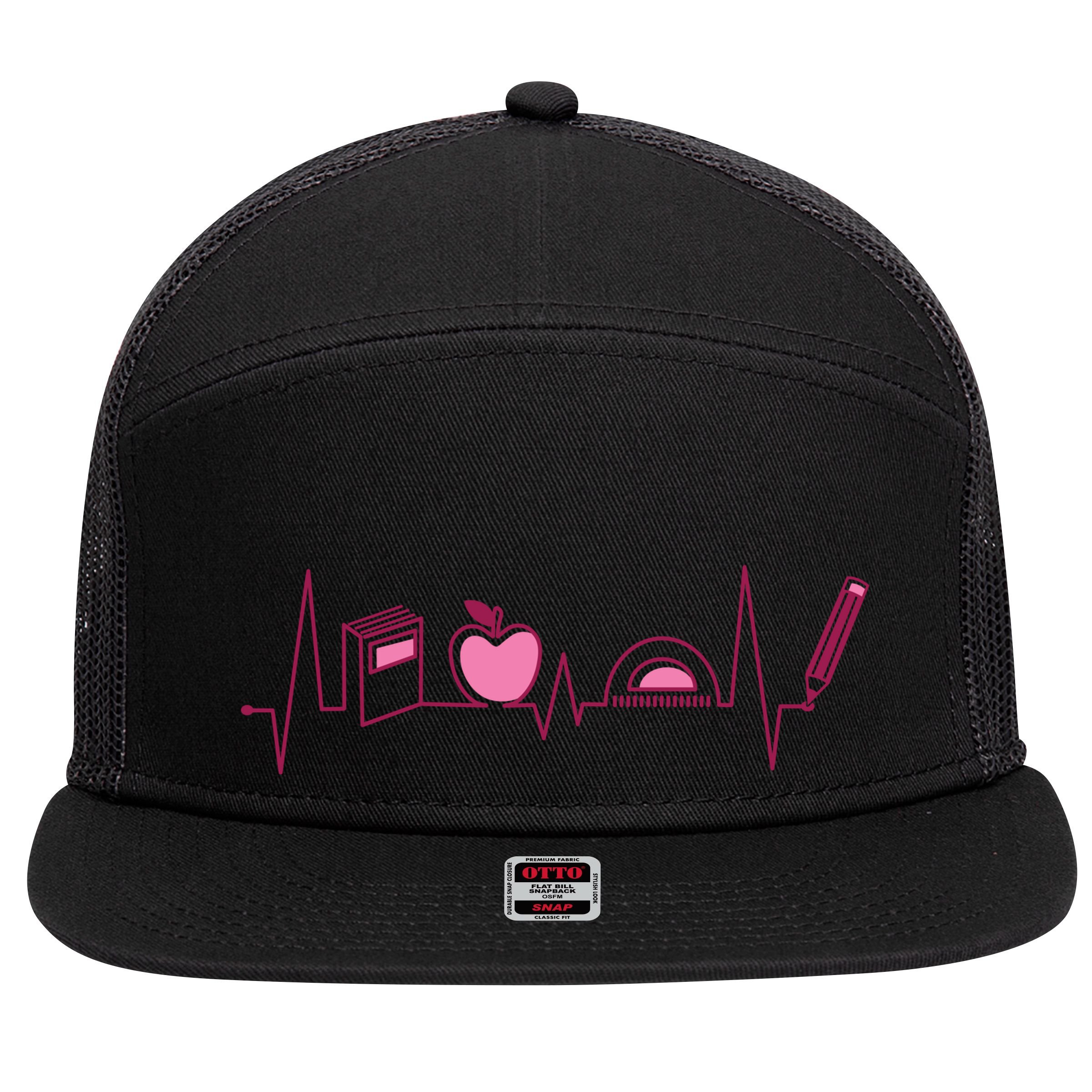 Teacher Heartbeat 7 Panel Mesh Trucker Snapback Hat