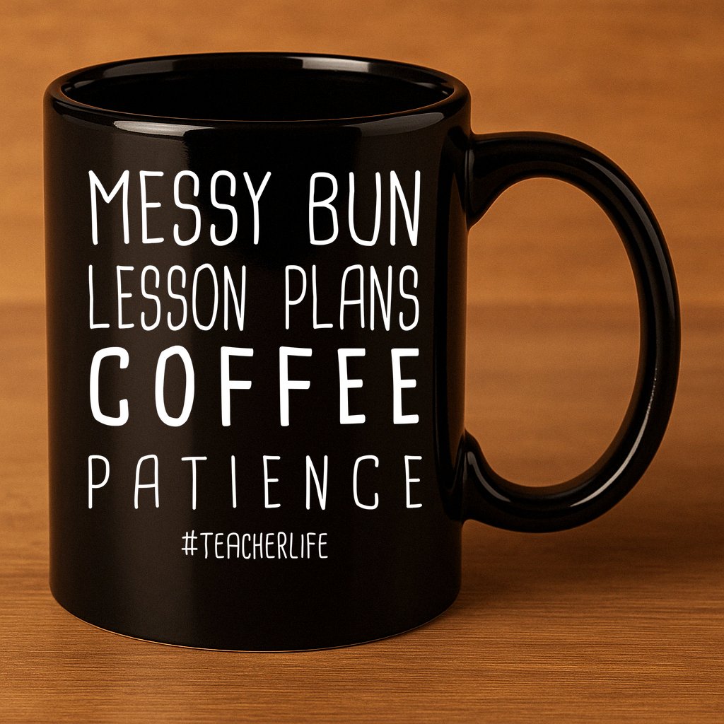 Teacher Life Messy Bun Lesson Plans Coffee Patience 11oz C Handle Ceramic Mug