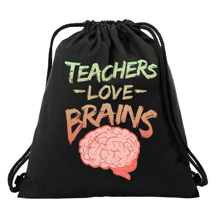 Teacher Loves Brains Drawstring Bag