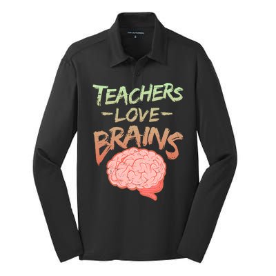 Teacher Loves Brains Silk Touch Performance Long Sleeve Polo