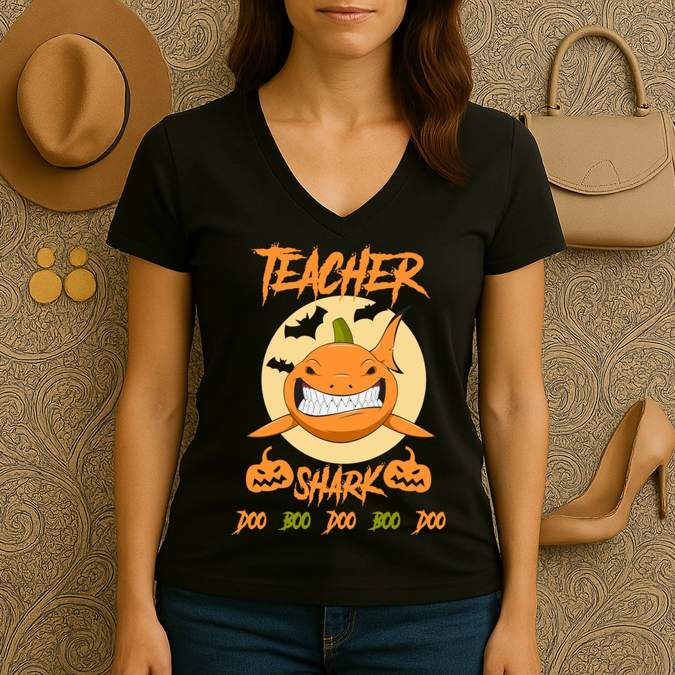 Teacher Shark Doo Boo Boo Pumpkin Halloween Women's V-Neck T-Shirt