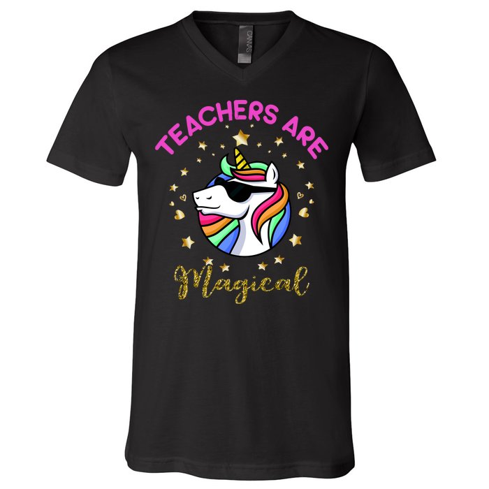 Teachers are Magical Funny Unicorn V-Neck T-Shirt