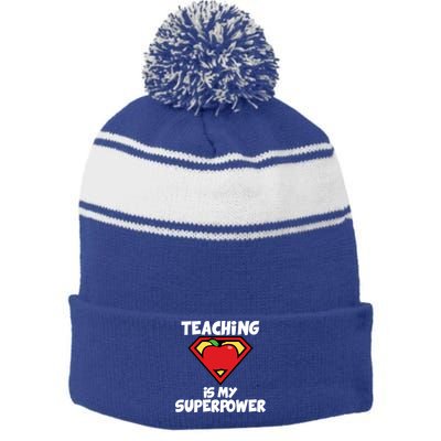Teaching Is My Superpower Apple Crest Stripe Pom Pom Beanie