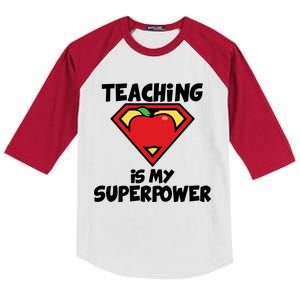 Teaching Is My Superpower Apple Crest Kids Colorblock Raglan Jersey