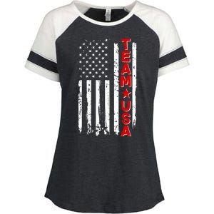 Team USA Distressed American Flag Enza Ladies Jersey Colorblock Tee