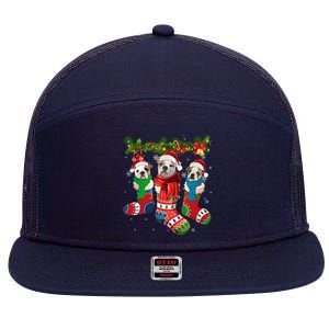 Three English Bulldogs In Christmas Socks 7 Panel Mesh Trucker Snapback Hat