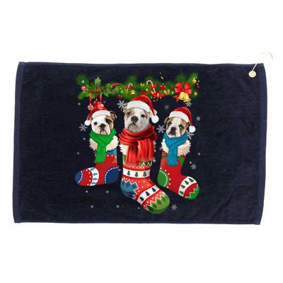 Three English Bulldogs In Christmas Socks Grommeted Golf Towel