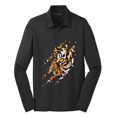 Tiger Eye Claw Marks Wild Bengal Safari Lover Zookeeper Silk Touch Performance Long Sleeve Polo