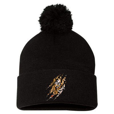 Tiger Eye Claw Marks Wild Bengal Safari Lover Zookeeper Pom Pom 12in Knit Beanie