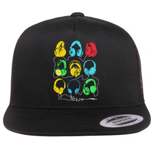 Techno Music Headphones Flat Bill Trucker Hat