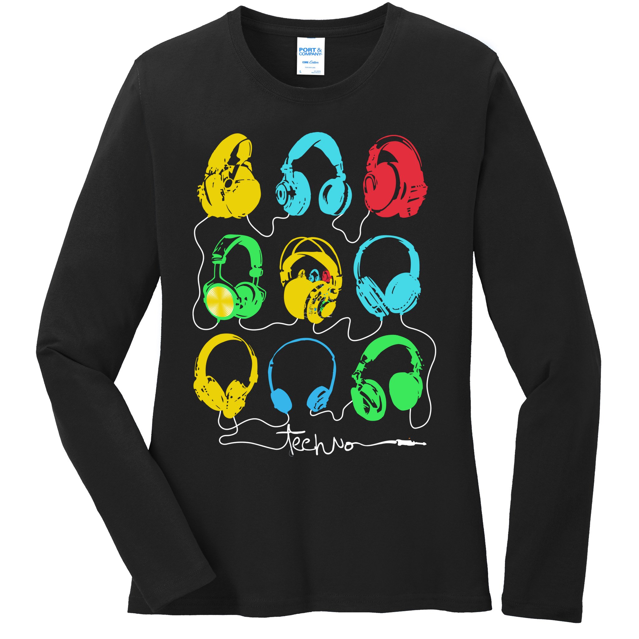 Techno Music Headphones Ladies Long Sleeve Shirt