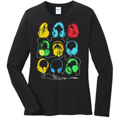 Techno Music Headphones Ladies Long Sleeve Shirt