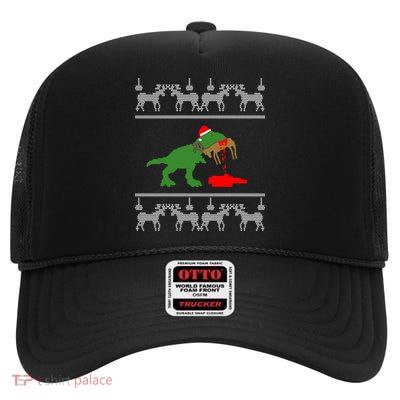Trex Eating Deer Hunter Ugly Christmas High Crown Mesh Back Trucker Hat