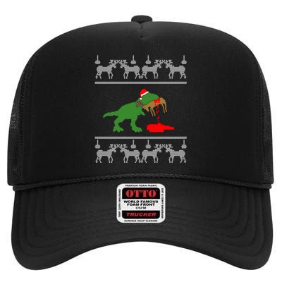 Trex Eating Deer Hunter Ugly Christmas High Crown Mesh Back Trucker Hat