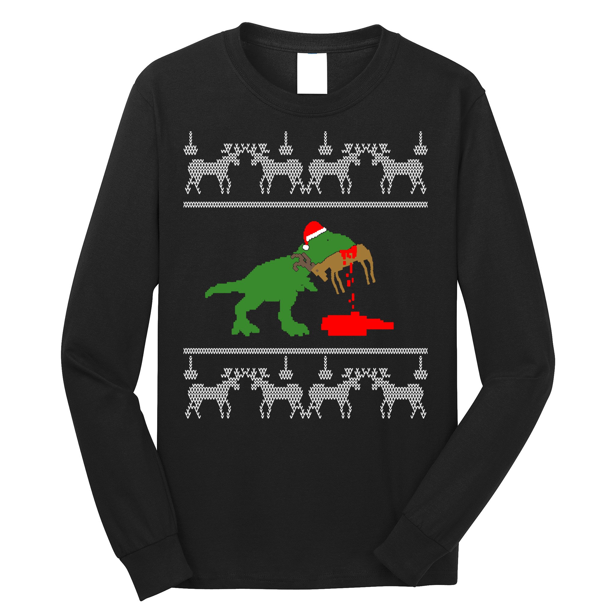 Trex Eating Deer Hunter Ugly Christmas Long Sleeve Shirt