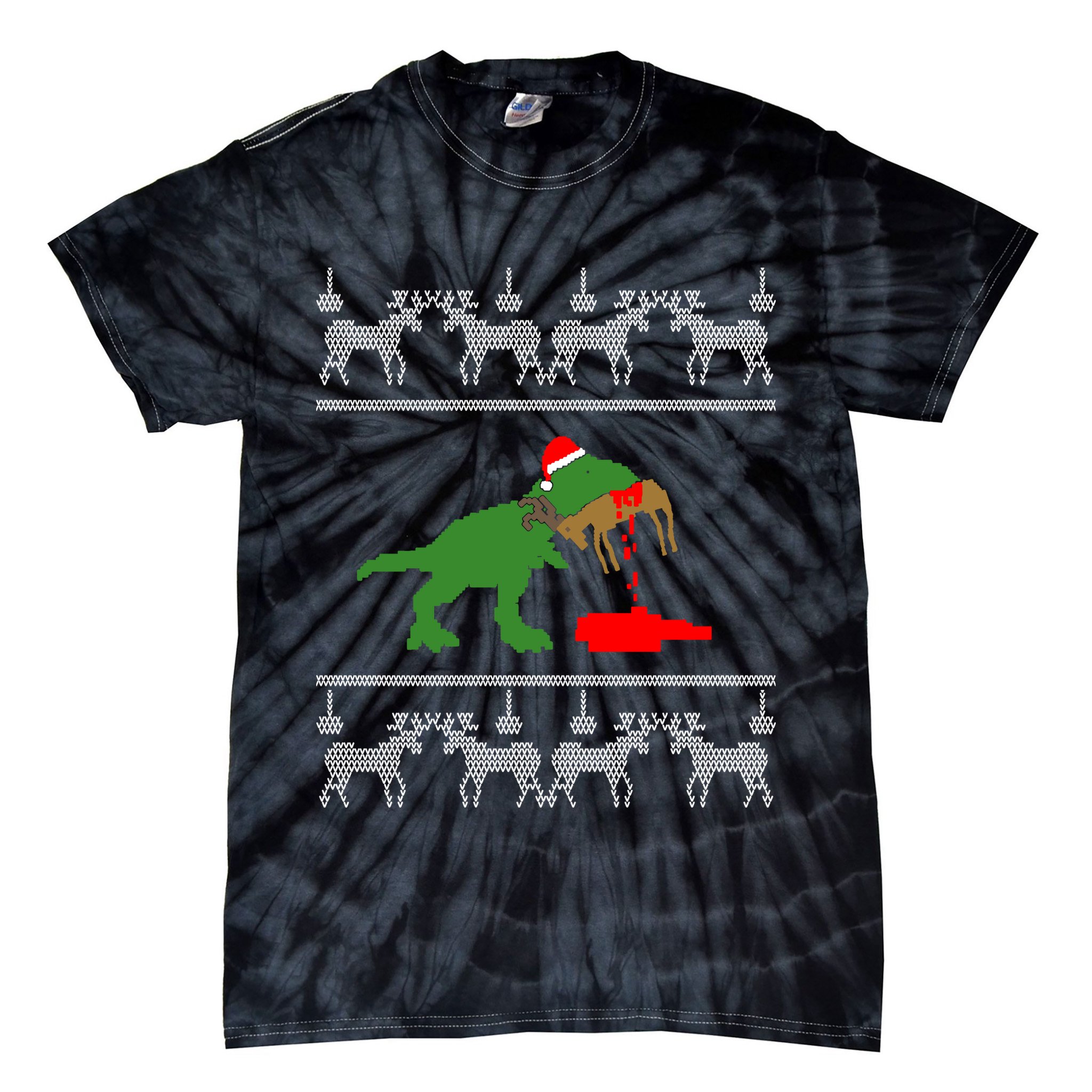 Trex Eating Deer Hunter Ugly Christmas Tie-Dye T-Shirt