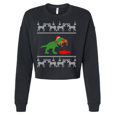 Trex Eating Deer Hunter Ugly Christmas Cropped Pullover Crew