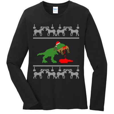Trex Eating Deer Hunter Ugly Christmas Ladies Long Sleeve Shirt