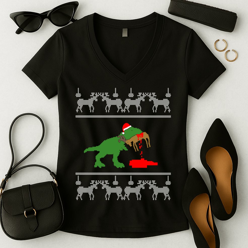 Trex Eating Deer Hunter Ugly Christmas Women's V-Neck T-Shirt