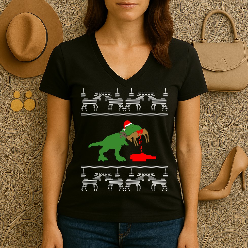 Trex Eating Deer Hunter Ugly Christmas Women's V-Neck T-Shirt