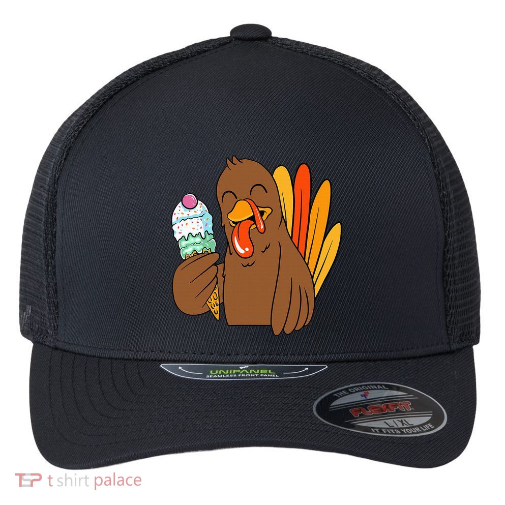 Turkey Eating Ice Cream Thanksgiving Day Funny Fall Autumn Flexfit Unipanel Trucker Cap