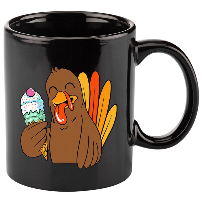 Turkey Eating Ice Cream Thanksgiving Day Funny Fall Autumn 11oz C Handle Ceramic Mug
