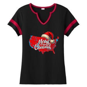 Trump Election Map Merry Christmas Holiday Santa Hat Xmas Ladies Halftime Notch Neck Tee