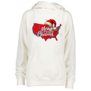 Trump Election Map Merry Christmas Holiday Santa Hat Xmas Womens Funnel Neck Pullover Hood