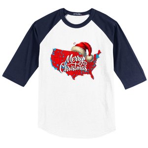 Trump Election Map Merry Christmas Holiday Santa Hat Xmas Baseball Sleeve Shirt