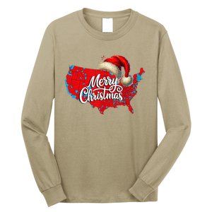 Trump Election Map Merry Christmas Holiday Santa Hat Xmas Long Sleeve Shirt