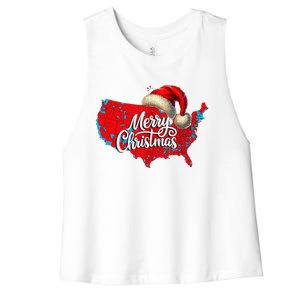 Trump Election Map Merry Christmas Holiday Santa Hat Xmas Women's Racerback Cropped Tank