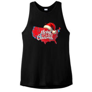 Trump Election Map Merry Christmas Holiday Santa Hat Xmas Ladies PosiCharge Tri-Blend Wicking Tank