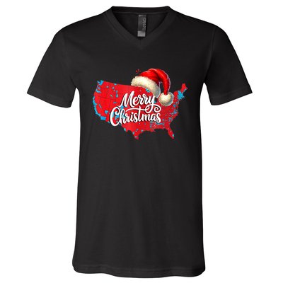 Trump Election Map Merry Christmas Holiday Santa Hat Xmas V-Neck T-Shirt