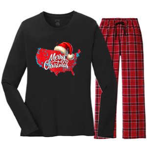 Trump Election Map Merry Christmas Holiday Santa Hat Xmas Women's Long Sleeve Flannel Pajama Set 