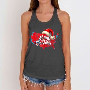 Trump Election Map Merry Christmas Holiday Santa Hat Xmas Women's Knotted Racerback Tank