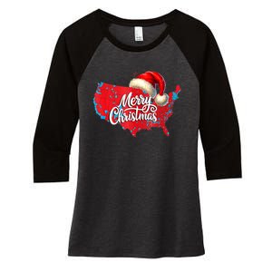 Trump Election Map Merry Christmas Holiday Santa Hat Xmas Women's Tri-Blend 3/4-Sleeve Raglan Shirt