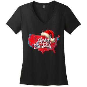 Trump Election Map Merry Christmas Holiday Santa Hat Xmas Women's V-Neck T-Shirt